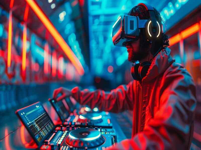 A DJ wearing a VR headset performs at a vibrant, neon-lit venue with digital music equipment.