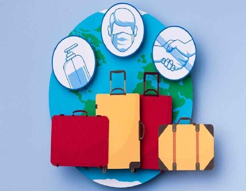 Illustration showing a set of travel suitcases in front of a globe with icons representing hygiene and safety measures, highlighting essentials for safe and organized travel in 2023.