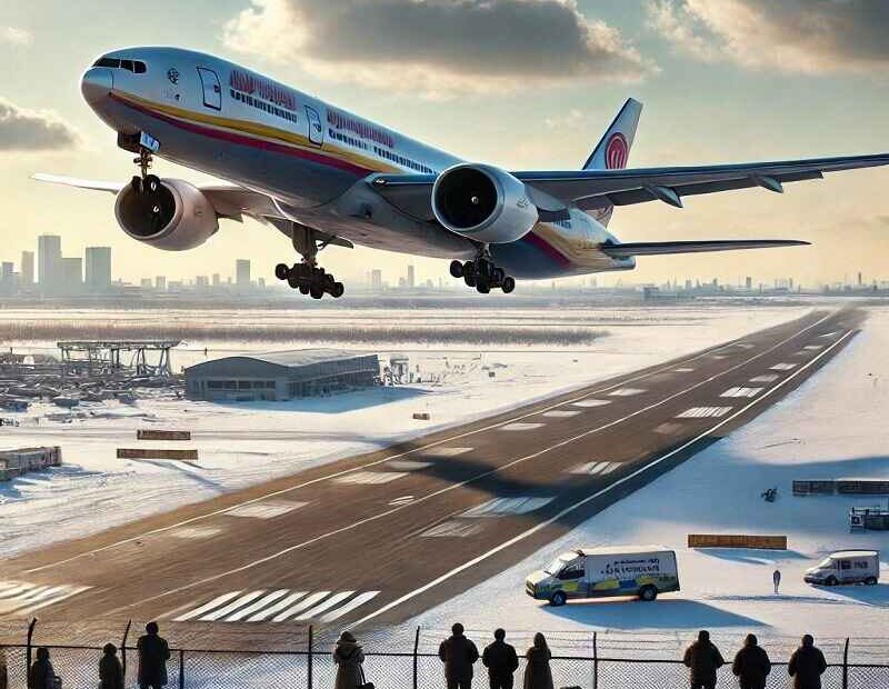 A large commercial airplane resembling a Boeing 777 is taking off from a snowy airport runway. In the foreground, several people are watching the plane as it ascends, with an airport terminal and vehicles visible in the background.