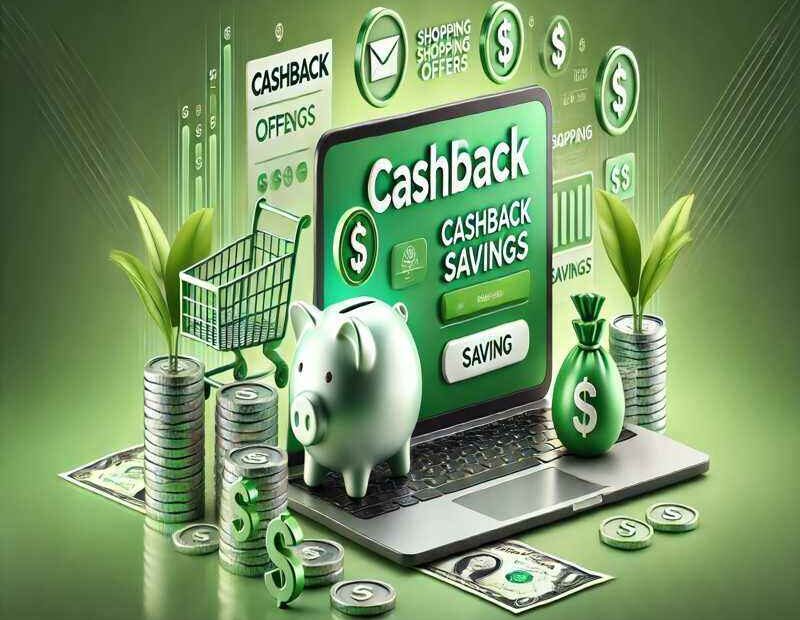 Cashback platform called 'MyGreenBucks' shown on a laptop screen in green and white. The screen displays cashback deals and savings info. Surrounding the laptop are a piggy bank, coin stacks, dollar signs, and small plants, symbolizing savings and growth. The background is green, giving a money-saving vibe.