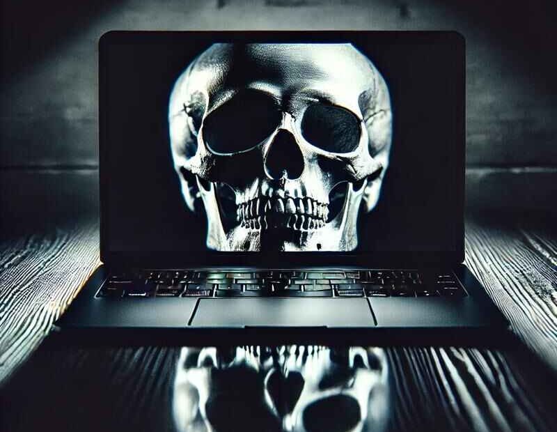 A haunting black-and-white photograph of a human skull reflected on the screen of a laptop in a dark, eerie setting. The laptop sits on a textured wooden surface, casting dramatic shadows, adding to the macabre and gothic atmosphere.