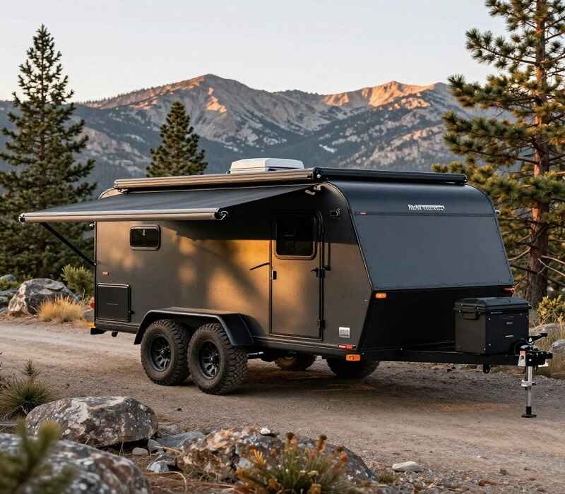 A dark charcoal Hiker Trailer with side awning extended and toolbox mounted, parked on rocky mountain dirt trail surrounded by pine trees at golden hour