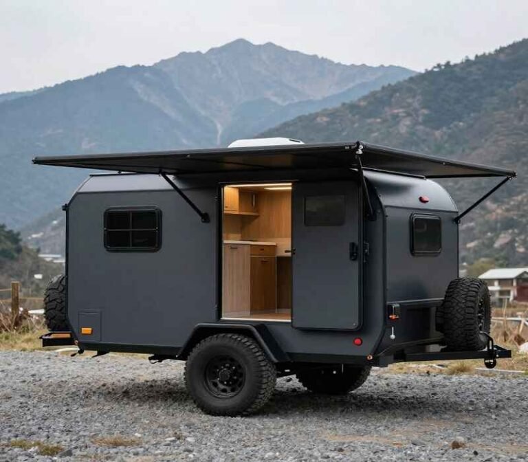 A dark charcoal Hiker Trailer with rear galley door open and black awning extended, parked on rocky mountain campsite surrounded by pine trees