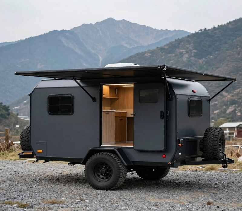 A dark charcoal Hiker Trailer with rear galley door open and black awning extended, parked on rocky mountain campsite surrounded by pine trees