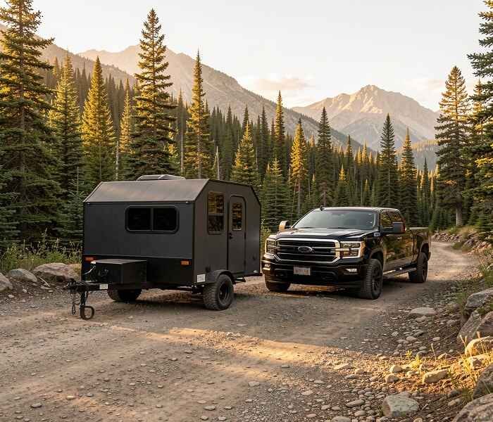 A dark charcoal Hiker Trailer being towed by a black Ford pickup truck on a rugged mountain dirt road surrounded by pine trees and golden hour lighting