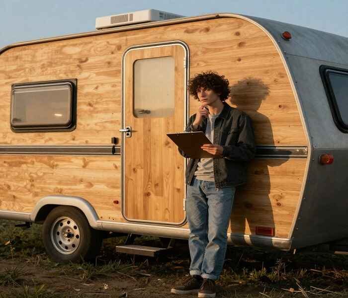Person reviewing details beside a teardrop camper while evaluating buying decision