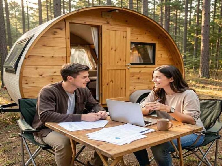 Couple reviewing budget documents and laptop while planning purchase of a custom teardrop camper