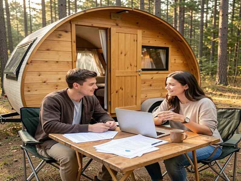 Couple reviewing budget documents and laptop while planning purchase of a custom teardrop camper