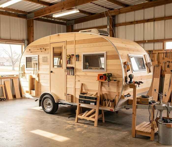 Custom-built wooden camper under construction inside a workshop, showing natural wood panels, tools, and handcrafted details