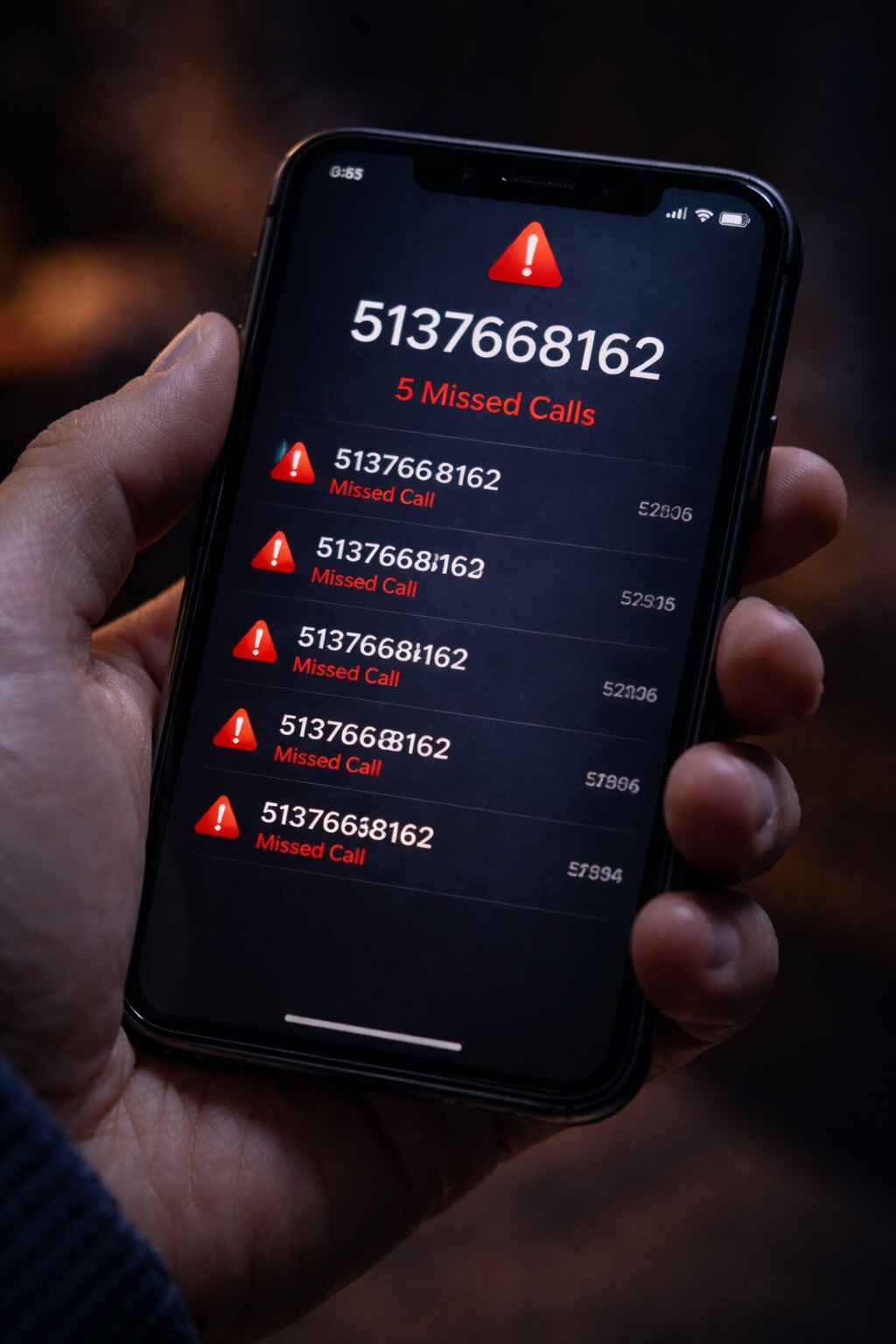 Smartphone screen showing 5 missed calls from 5137668162 with red warning icons