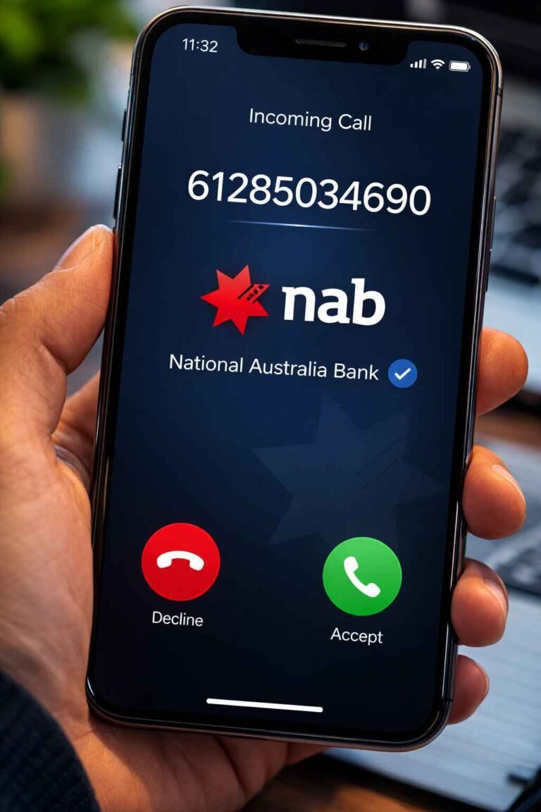 Incoming call from 61285034690 showing National Australia Bank NAB on smartphone screen