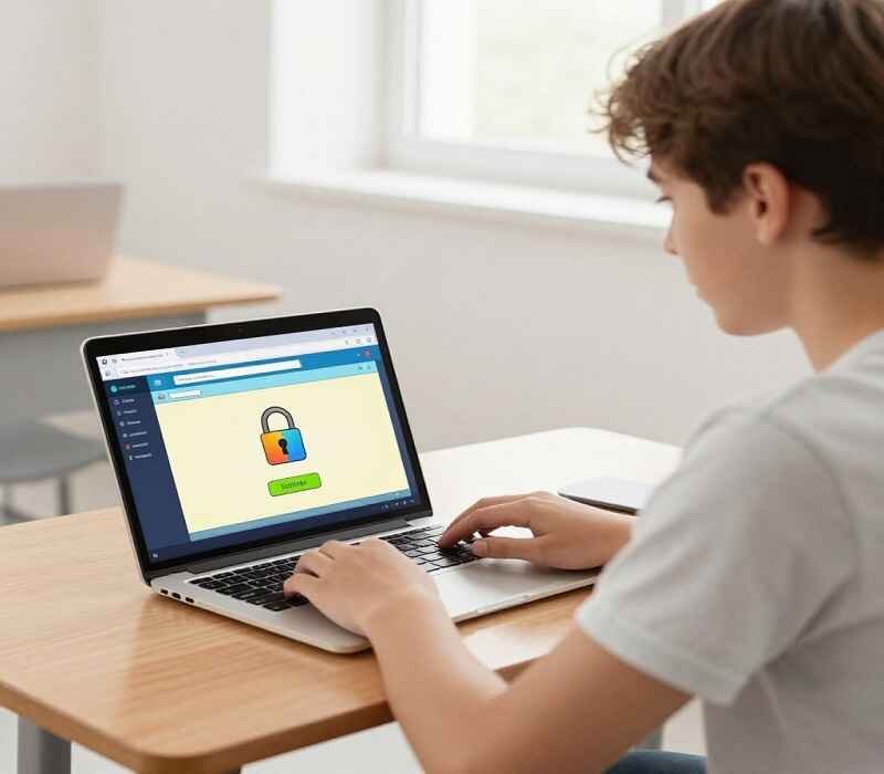 A teenage student safely playing a browser-based game on a school Chromebook with HTTPS padlock visible in the address bar
