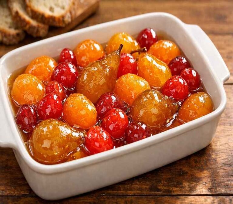 Mostarda di Cremona made with candied pears, cherries, and apricots in mustard syrup served in a white ceramic dish