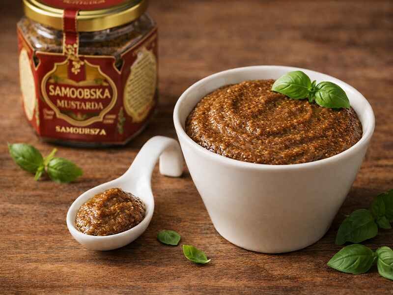 A bowl of thick dark brown Samoborska muštarda paste with a ceramic spoon and glass jar on a rustic wooden surface